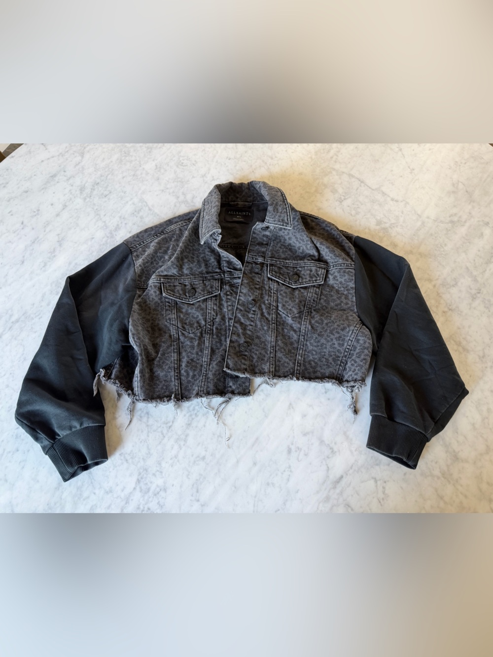 AllSaints Anders Leo Cropped Denim Jacket M/L Leopard Print Mixed Media Raw Hem